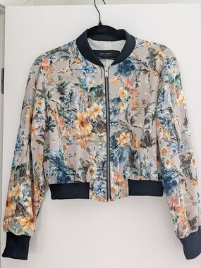 Zara Floral Bomber Jacket in Gray with Navy Trim